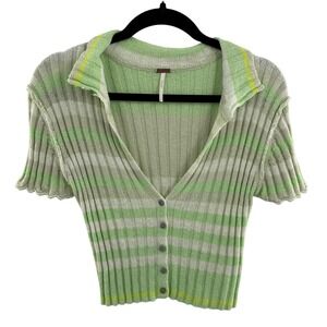 Free People Striped Collared Button Up Knit Top Green Beige Short Sleeve  Small